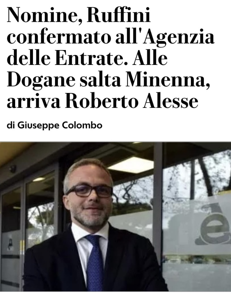 Nomine, Ruffini confermato all’Agenzia delle Entrate. Alle Dogane salta Minenna, arriva Roberto Alesse
